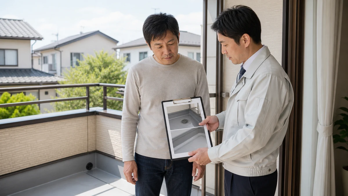戸建て住宅のベランダを地上から確認し、防水の点検内容を相談する住宅所有者と施工担当者
