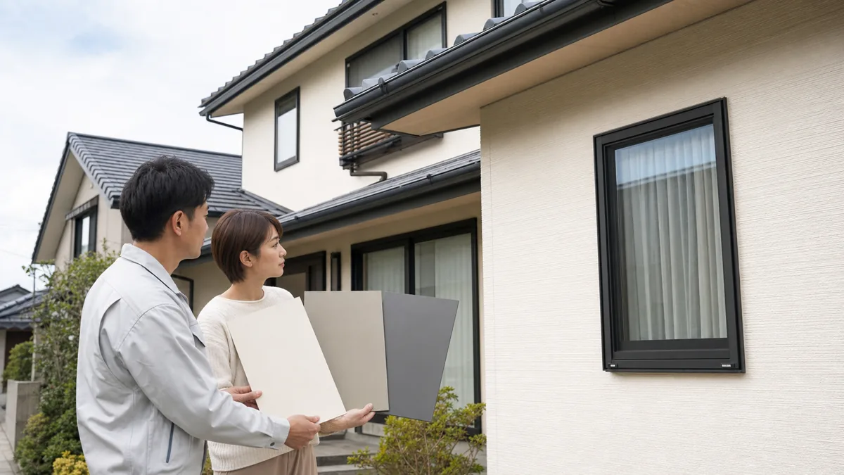 住宅の外壁に大判の塗料色見本を当てて仕上がりを確認する様子