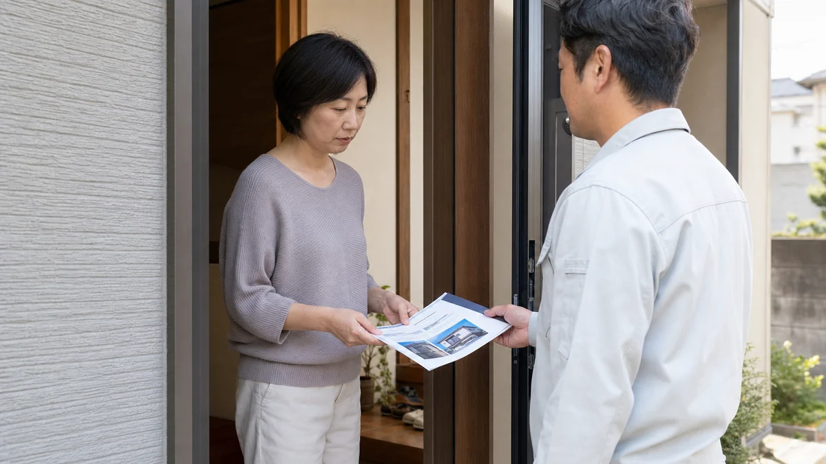 玄関先で外壁塗装の説明書と見積書を落ち着いて確認する住宅所有者