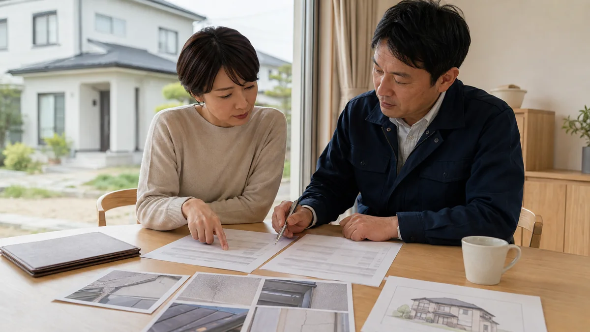 外壁塗装の見積書と住宅写真を並べ、比較条件を確認する住宅所有者と担当者