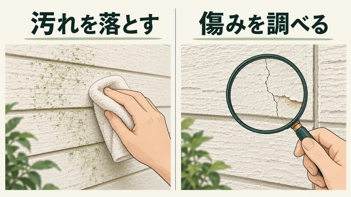 柔らかい布で付着物を落とす清掃と、ひびや剥がれを調べる点検の目的を並べたAI生成の説明図