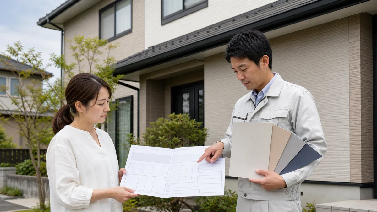 戸建て住宅の外壁前で塗料の仕様書と色見本を確認する住宅所有者と施工担当者