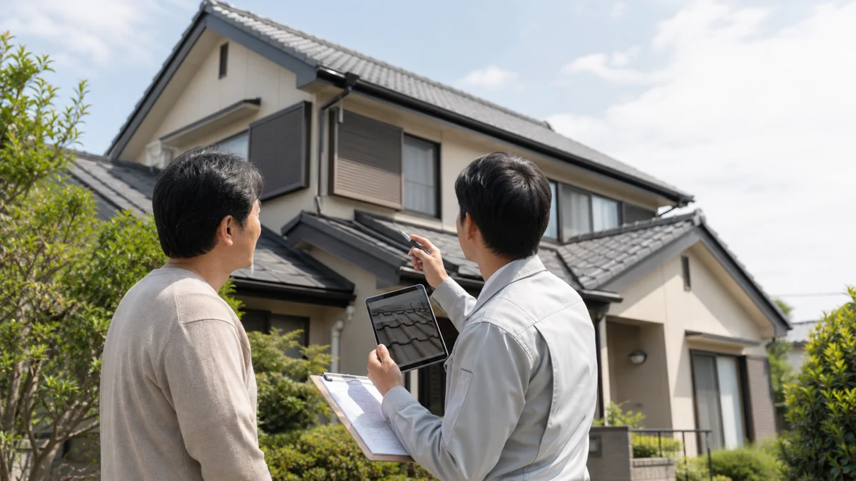 戸建て住宅の屋根を見上げ、点検内容と見積書を確認する住宅所有者と施工担当者