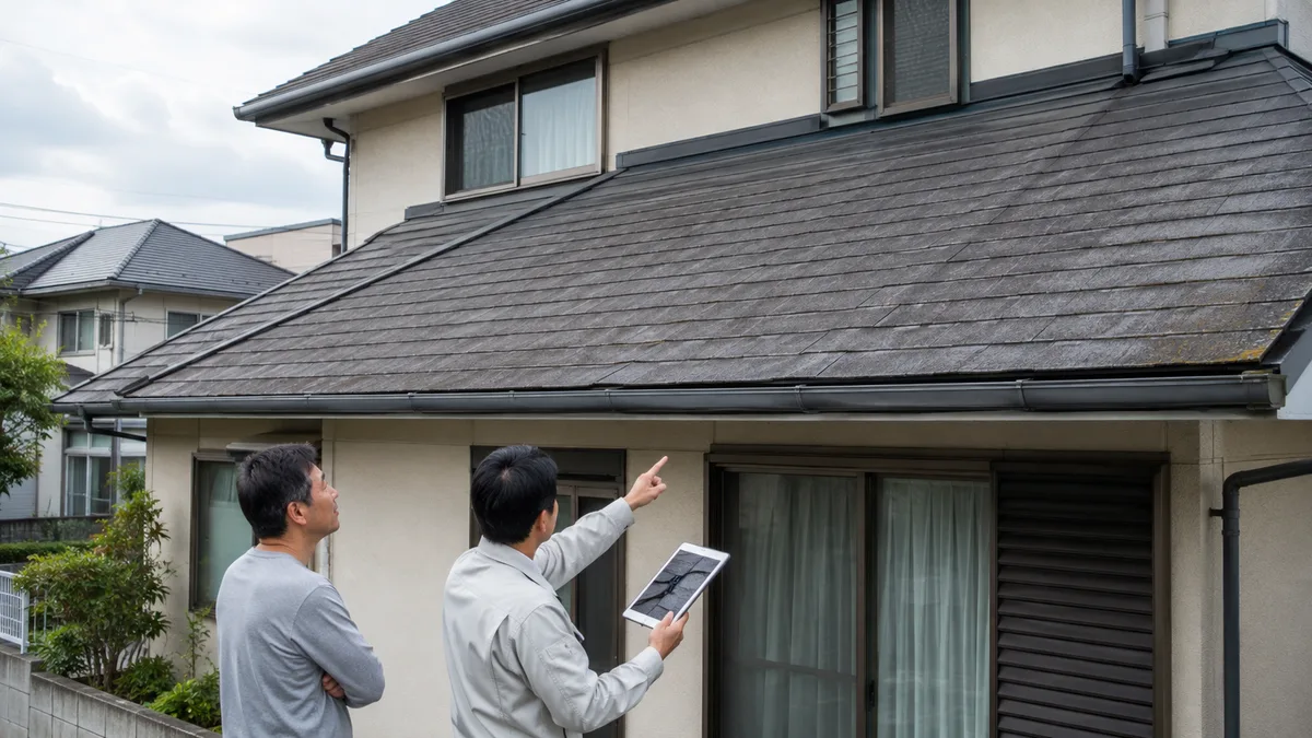 スレート屋根の住宅を地上から確認し、塗装可否と縁切りの仕様を相談する住宅所有者と施工担当者