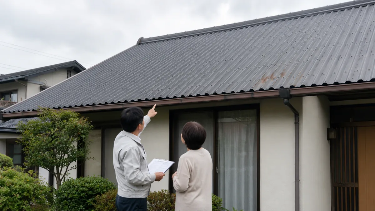 トタン・金属屋根の住宅を地上から確認し、さびと塗装仕様を相談する住宅所有者と施工担当者