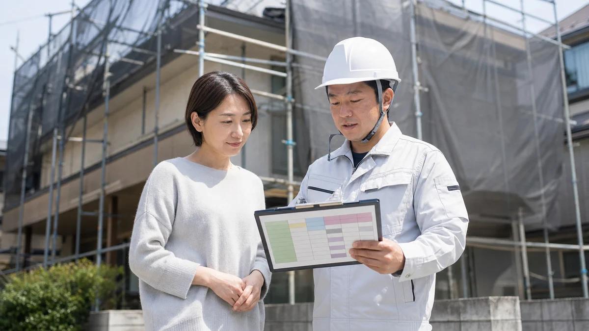 足場のある住宅前で外壁塗装の工程表を確認する住宅所有者と施工担当者