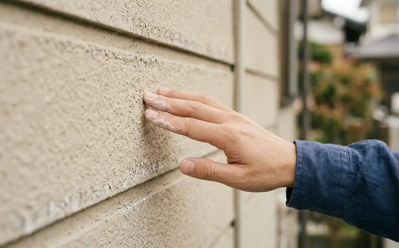 外壁を手で触り白い粉（チョーキング）が付着している様子