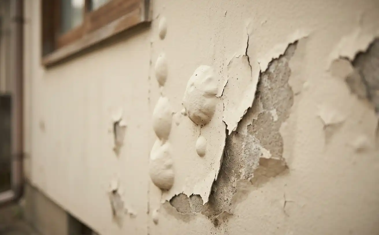 外壁の塗膜がふくれて剥がれかけている劣化箇所