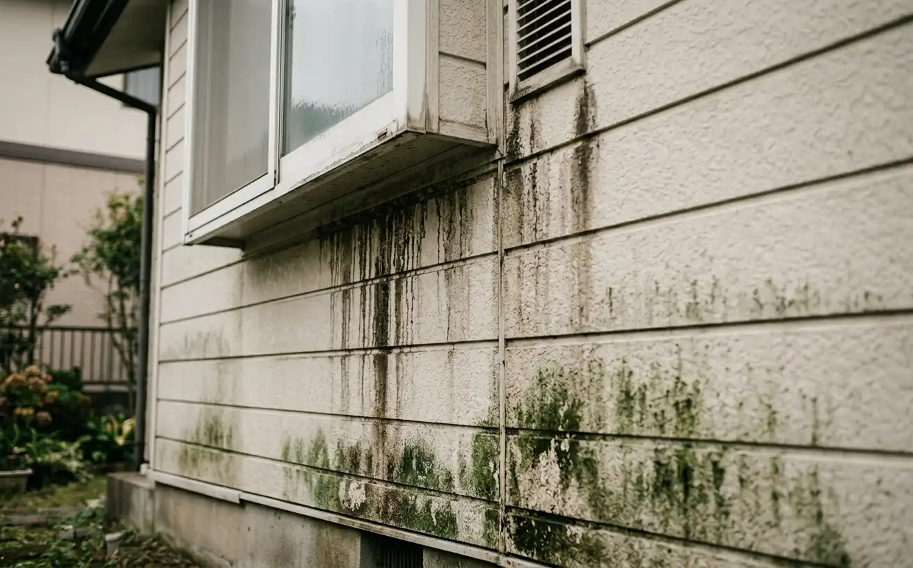 外壁に付着した雨だれの筋汚れとカビ・苔の繁殖